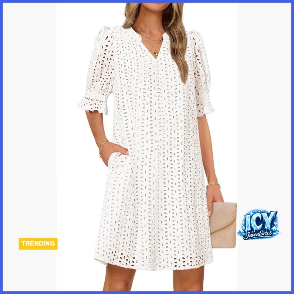 Cotton Eyelet Lace Mini Dress with V-Neck Ruffle Sleeves
